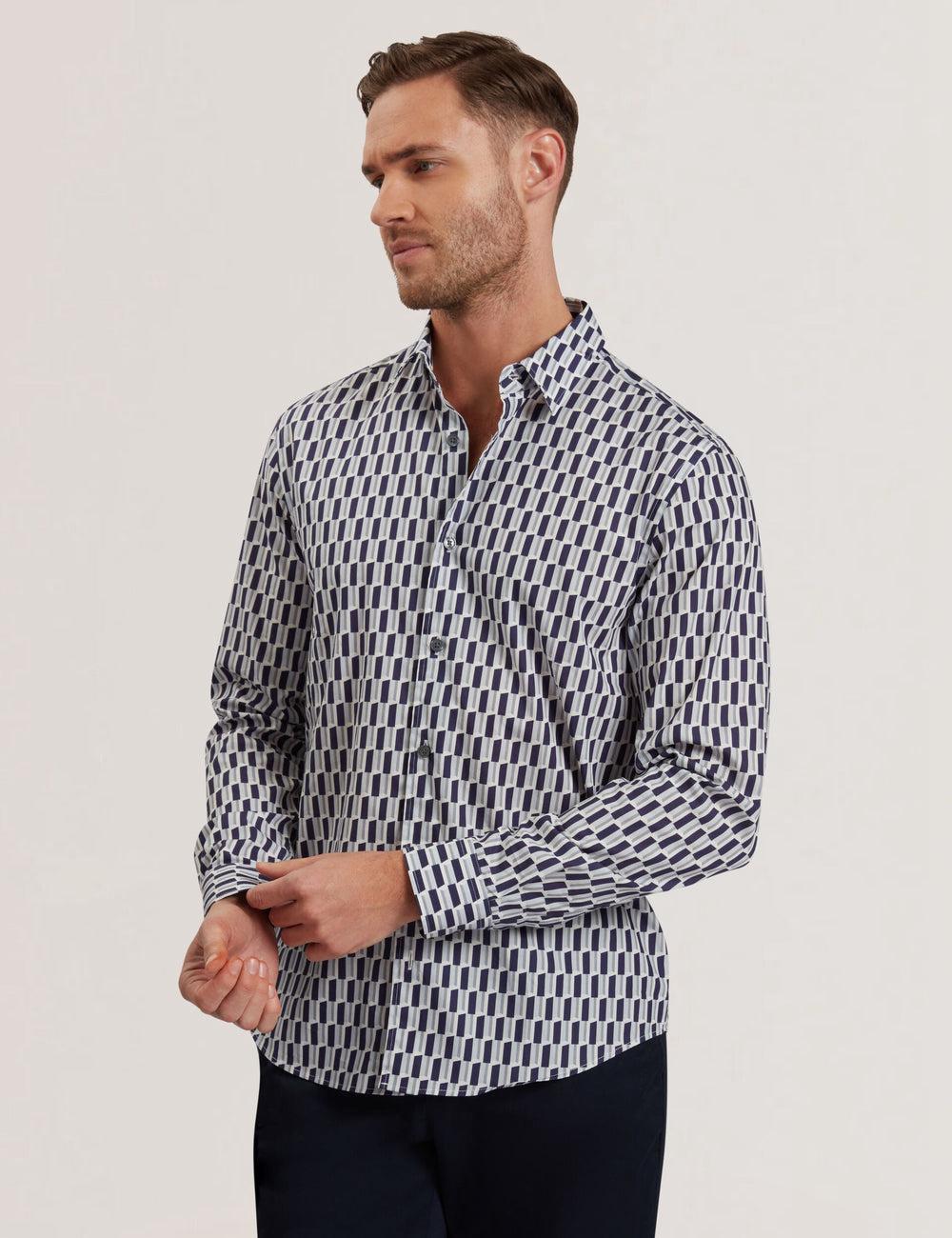 Men Ted Baker PEARSO - Geometric Stripe Long Sleeve Cotton Casual Shirts Navy | KSA  3602-VABTD