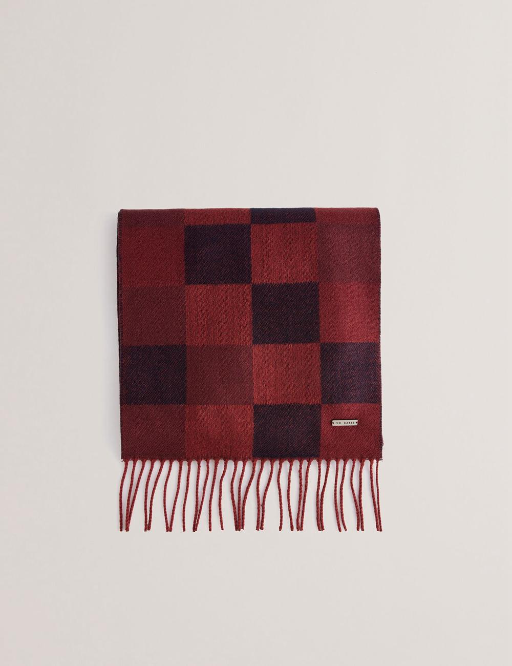 Men Ted Baker PETERRR - Block Check With Fringe Trim Woven Scarves Oxblood | KSA  7048-HABYF
