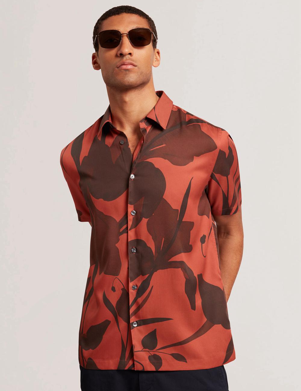Men Ted Baker PINEDA - Short Sleeve Relaxed Floral Print Casual Shirts Red | KSA  8325-IRCAK