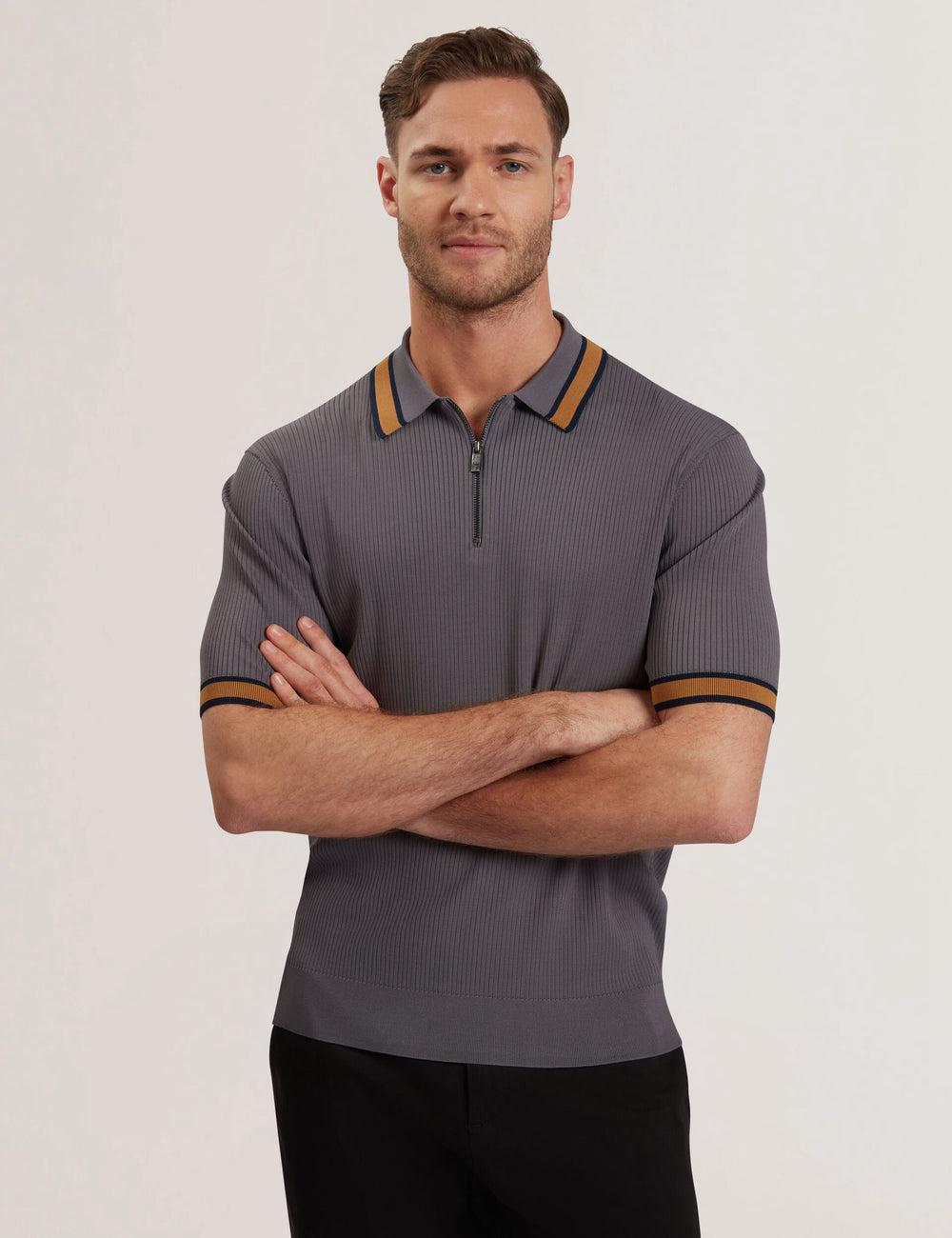Men Ted Baker RAFAELO - Striped Trim Zip Neck Ribbed Polos Shirts Dk-Grey | KSA  8795-UPYXJ