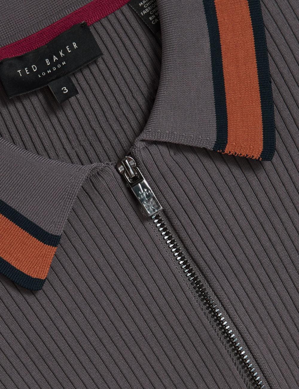 Men Ted Baker RAFAELO - Striped Trim Zip Neck Ribbed Polos Shirts Dk-Grey | KSA  8795-UPYXJ