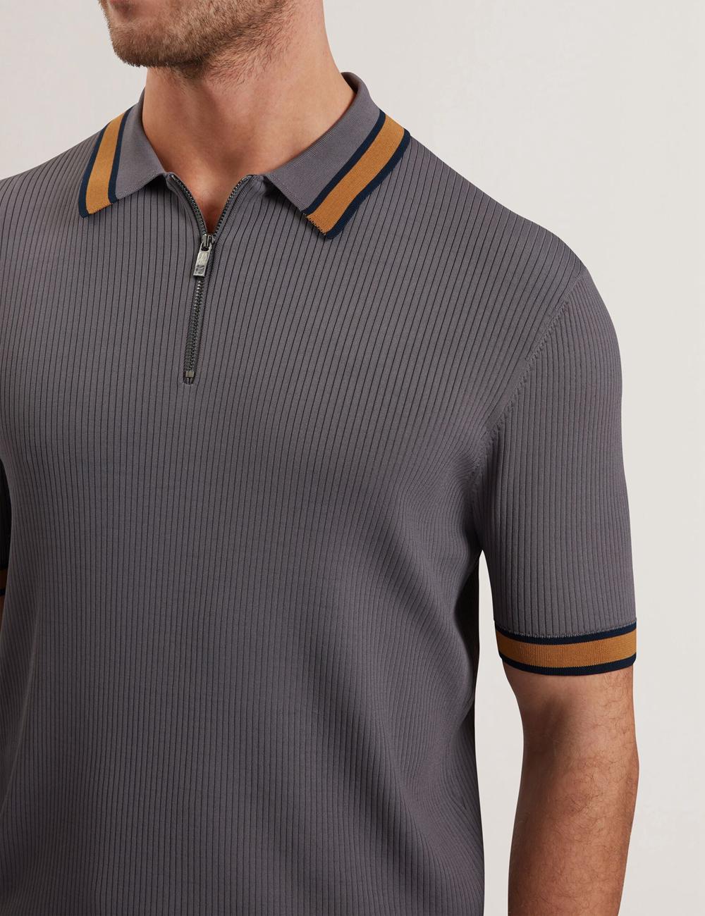 Men Ted Baker RAFAELO - Striped Trim Zip Neck Ribbed Polos Shirts Dk-Grey | KSA  8795-UPYXJ
