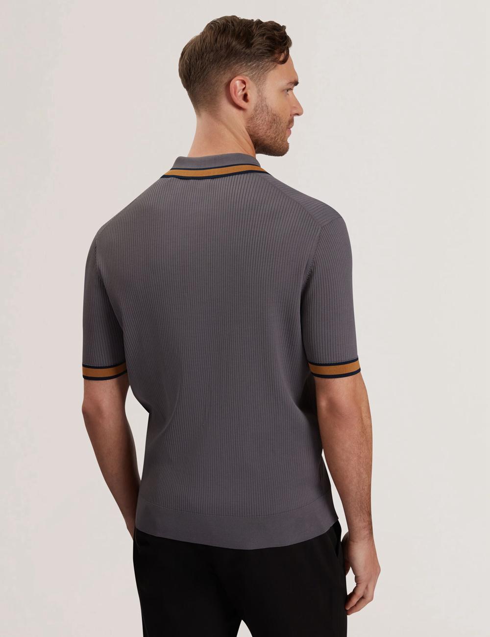 Men Ted Baker RAFAELO - Striped Trim Zip Neck Ribbed Polos Shirts Dk-Grey | KSA  8795-UPYXJ