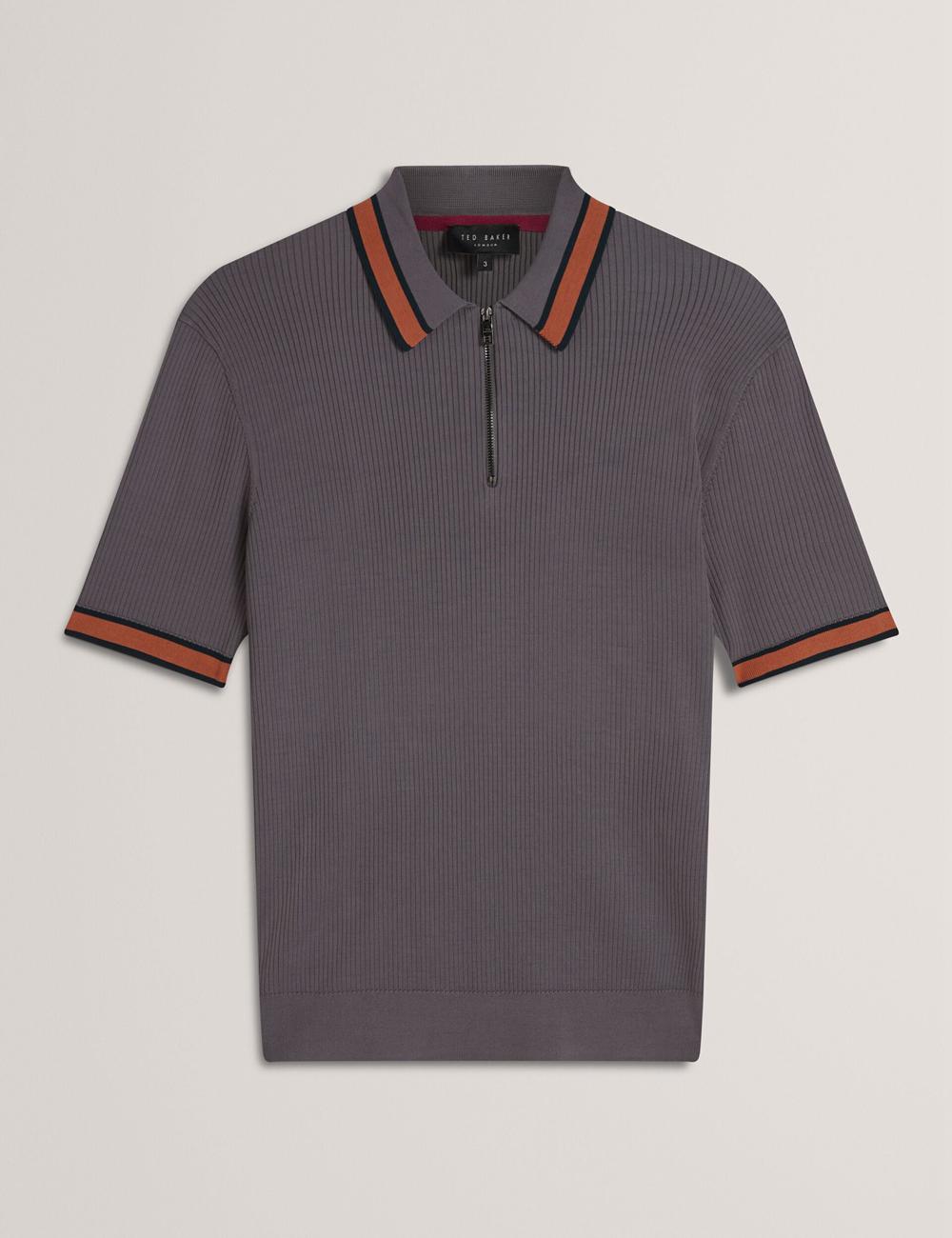 Men Ted Baker RAFAELO - Striped Trim Zip Neck Ribbed Polos Shirts Dk-Grey | KSA  8795-UPYXJ