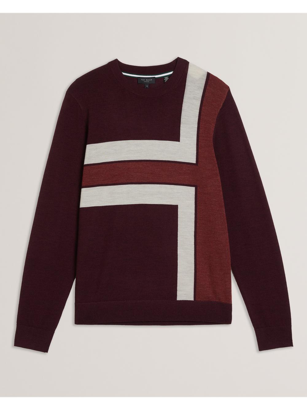 Men Ted Baker ROIKA - Colour Block Crew Neck Wool Jumpers Maroon | KSA  4527-HOAZV