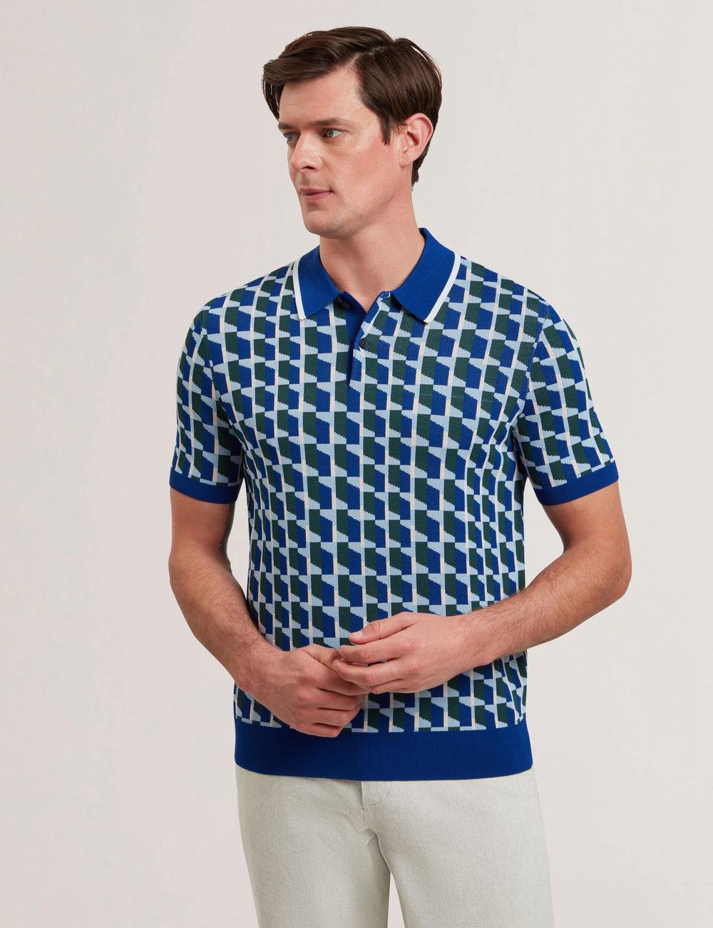 Men Ted Baker ROSSIO - Geometric Knitted Short Sleeve Polos Shirts Lt-Navy | KSA  8042-NPZIW