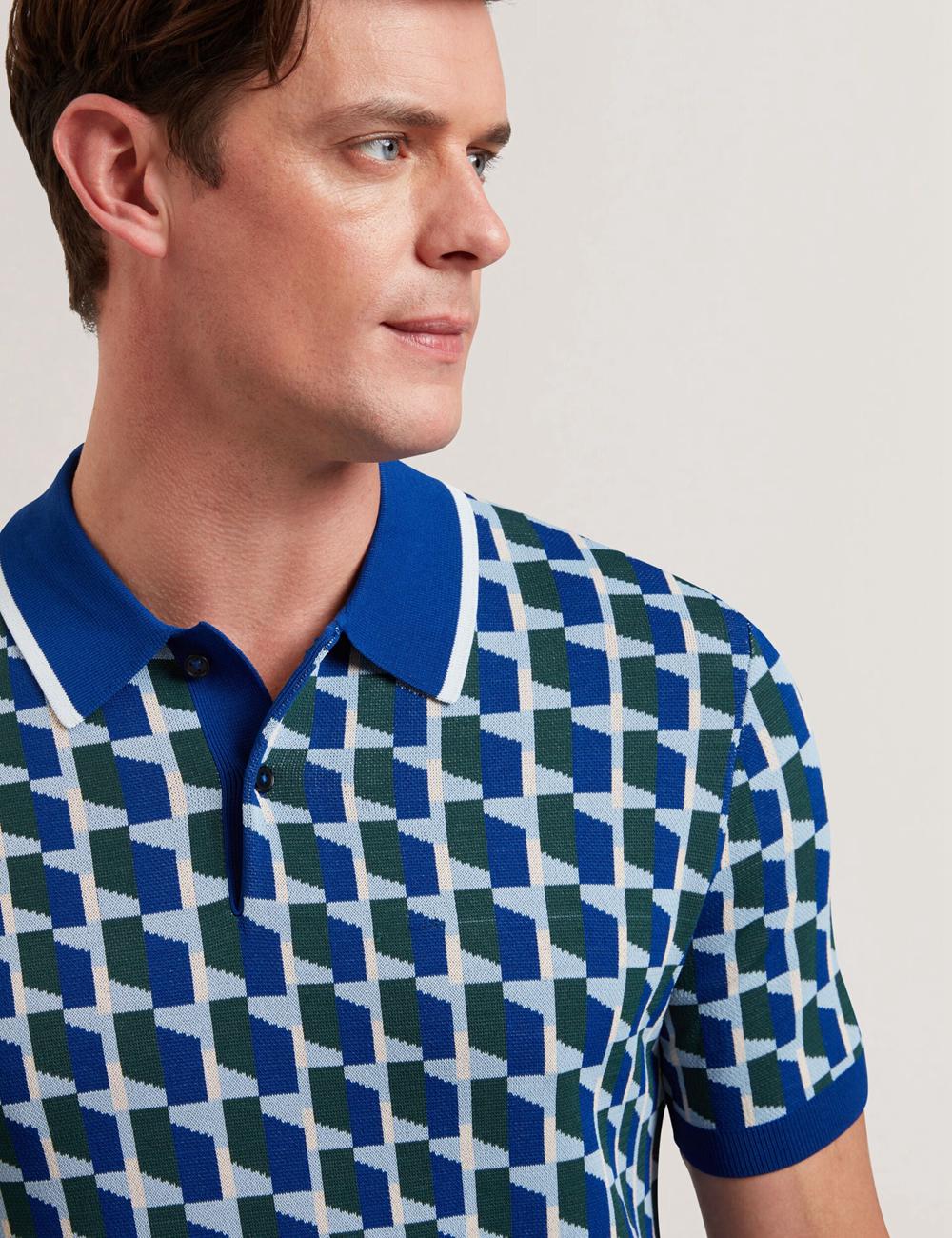 Men Ted Baker ROSSIO - Geometric Knitted Short Sleeve Polos Shirts Lt-Navy | KSA  8042-NPZIW