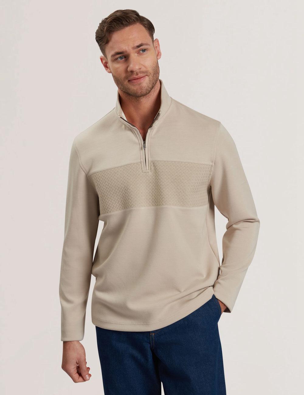 Men Ted Baker SIMONEA - Textured Panel Half-Zip Modal Sweatshirts Taupe | KSA  6370-ATDGW