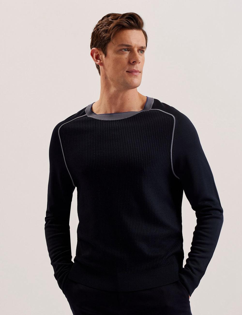 Men Ted Baker TOREZ - Long Sleeve Textured Knit Top Jumpers Navy | KSA  7821-ESIDW