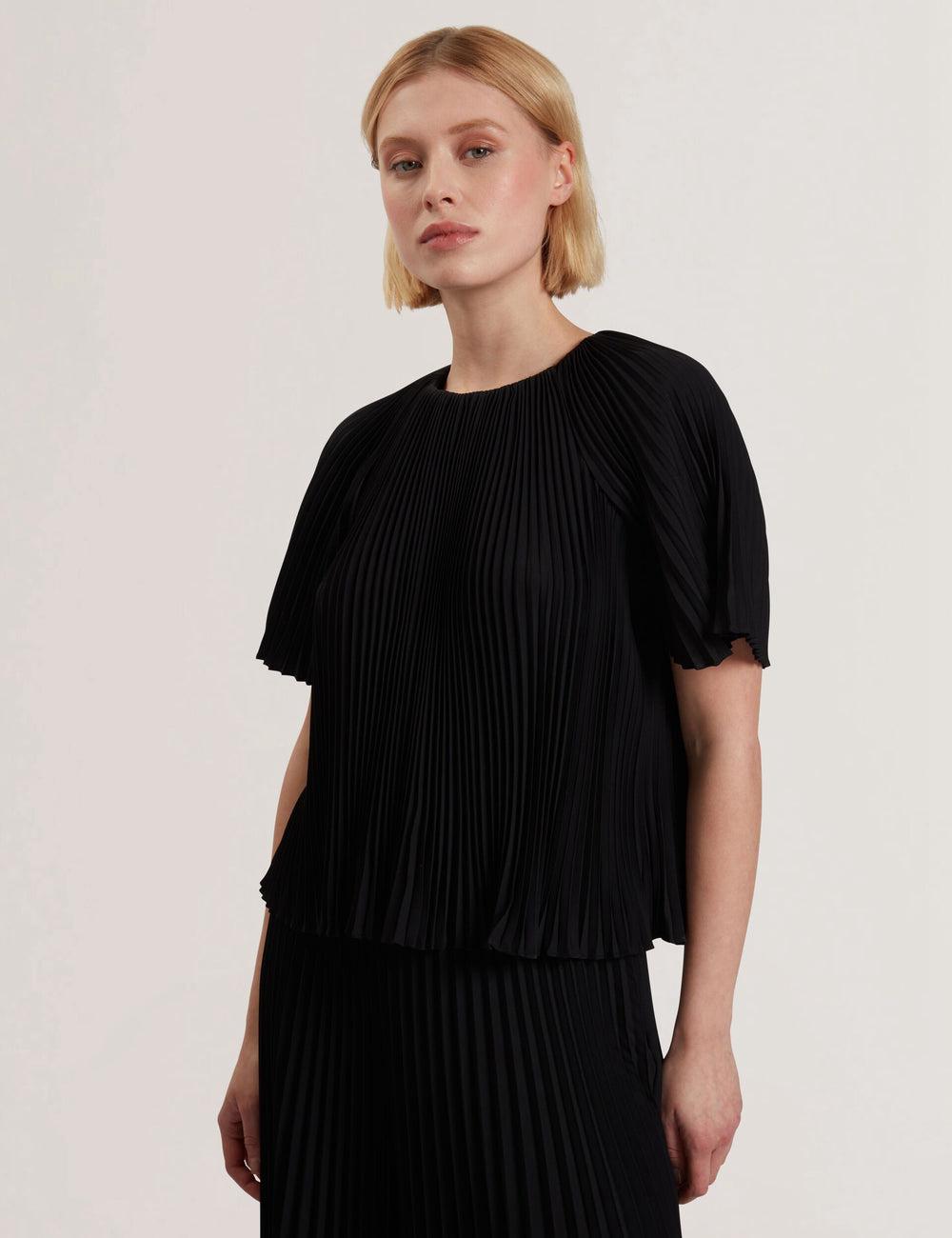 Women Ted Baker AGARA - Pleated Short Sleeve Woven Blouses Black | KSA  3619-WVCGB