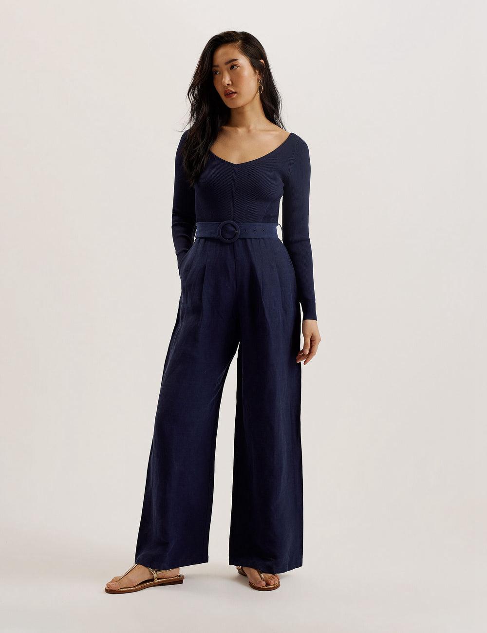 Women Ted Baker AGATEA - Off Shoulder Belted Wide Leg Jumpsuits Navy | KSA  0248-CDZWE