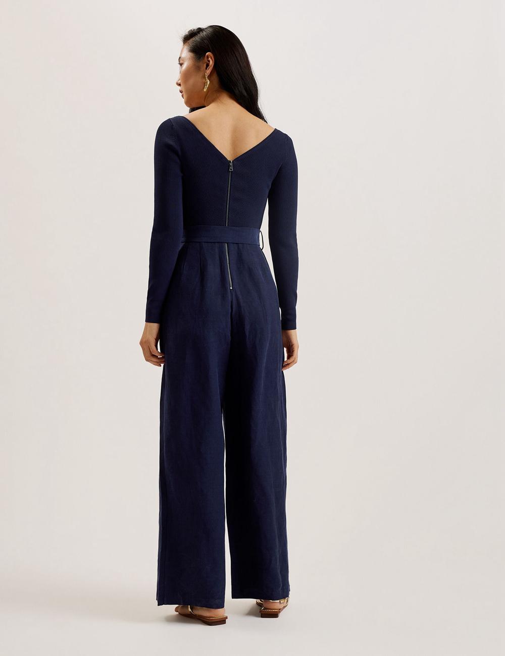 Women Ted Baker AGATEA - Off Shoulder Belted Wide Leg Jumpsuits Navy | KSA  0248-CDZWE