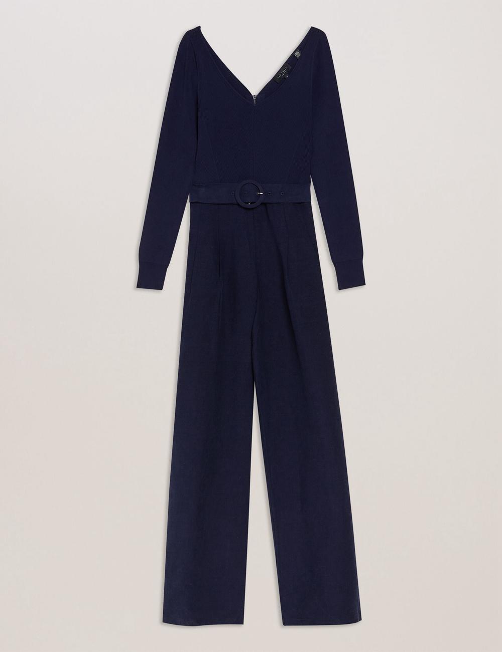 Women Ted Baker AGATEA - Off Shoulder Belted Wide Leg Jumpsuits Navy | KSA  0248-CDZWE