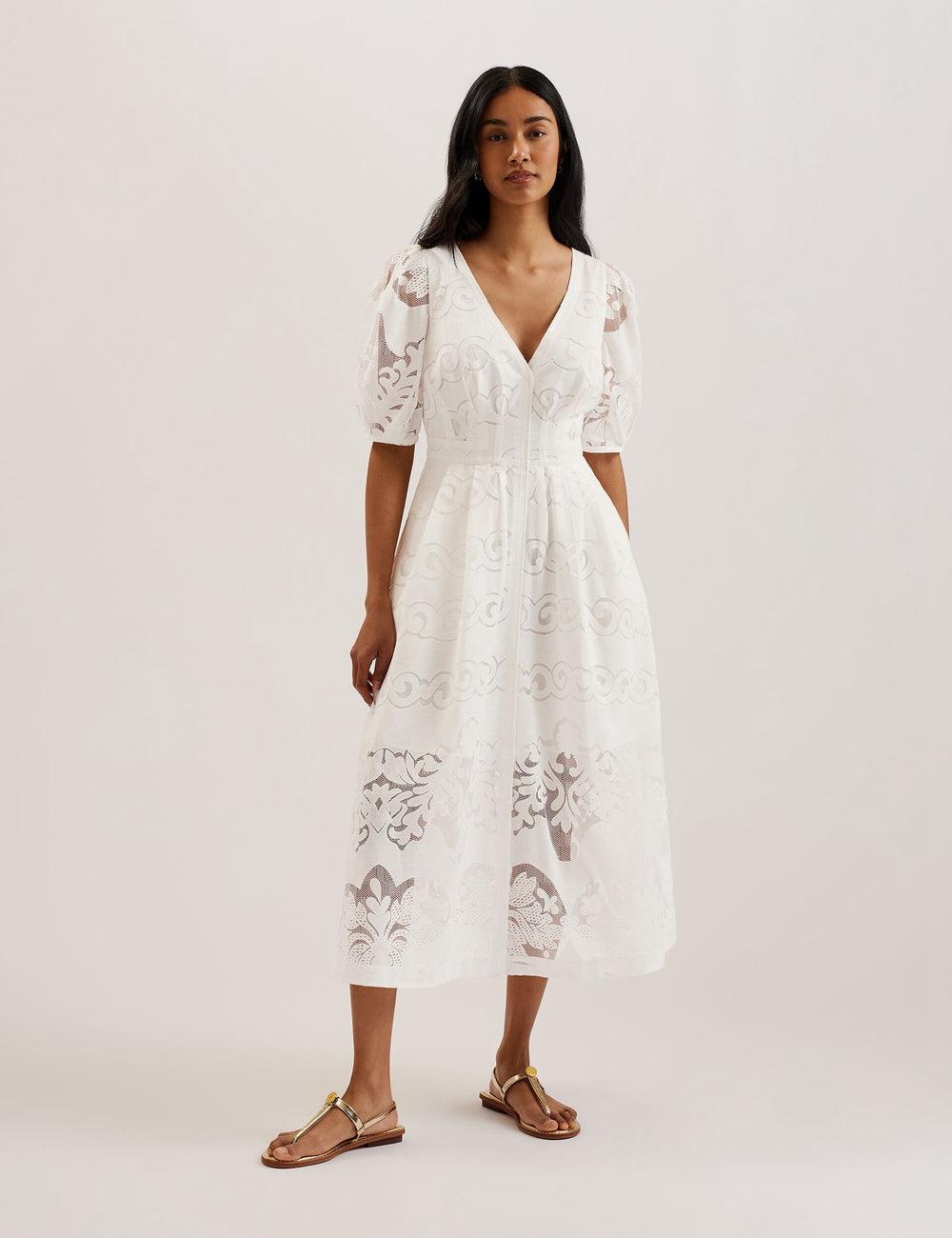 Women Ted Baker AGNEL - Lace Puff Sleeve Cotton Blend Midi Dresses White | KSA  3576-LQEPJ