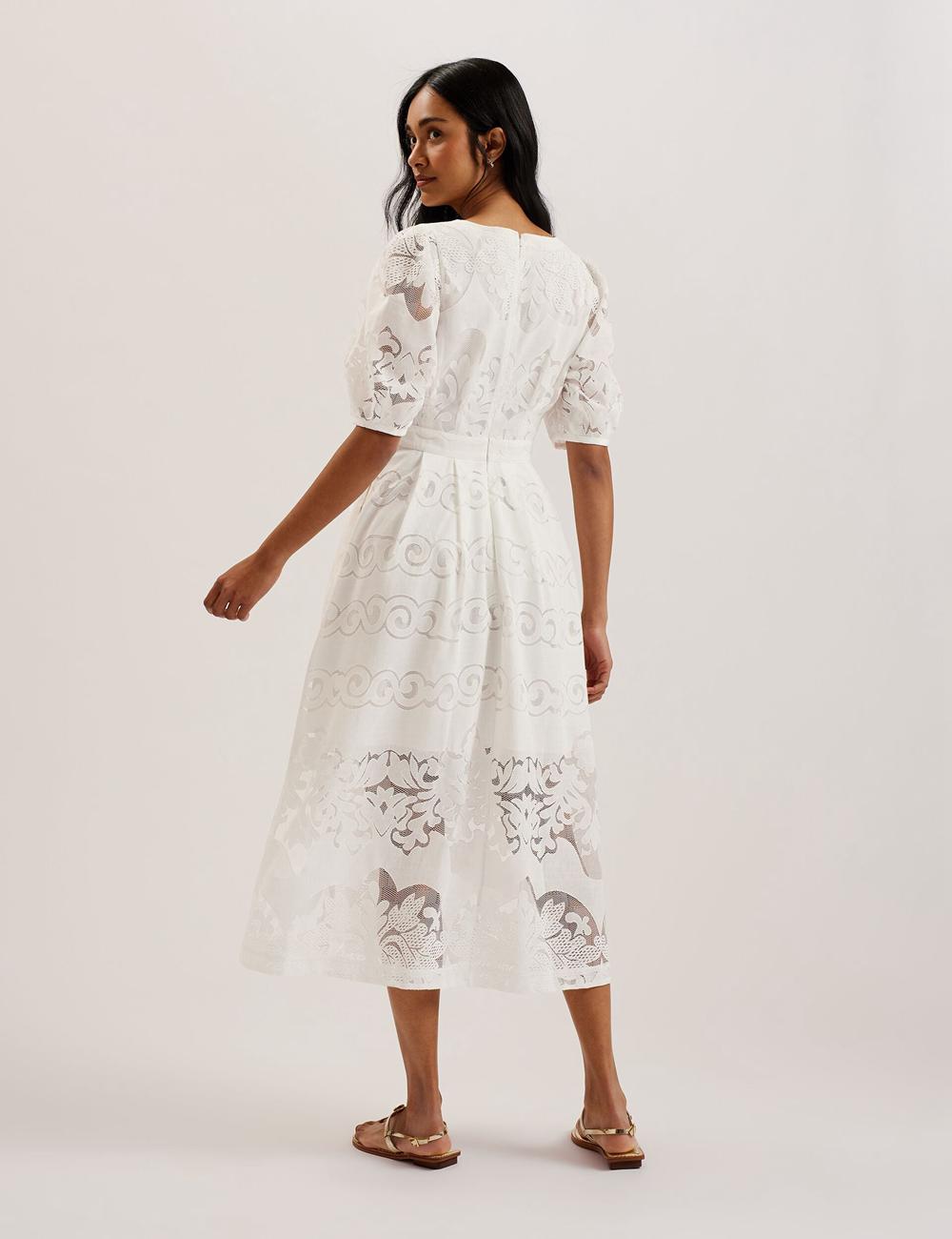 Women Ted Baker AGNEL - Lace Puff Sleeve Cotton Blend Midi Dresses White | KSA  3576-LQEPJ