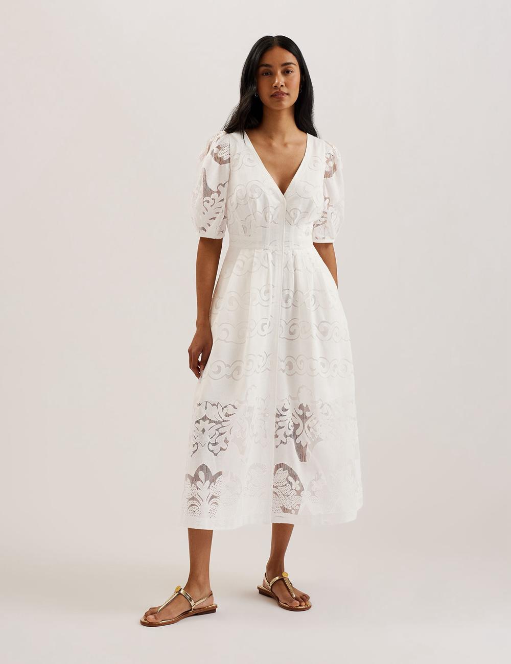Women Ted Baker AGNEL - Lace Puff Sleeve Cotton Blend Midi Dresses White | KSA  3576-LQEPJ