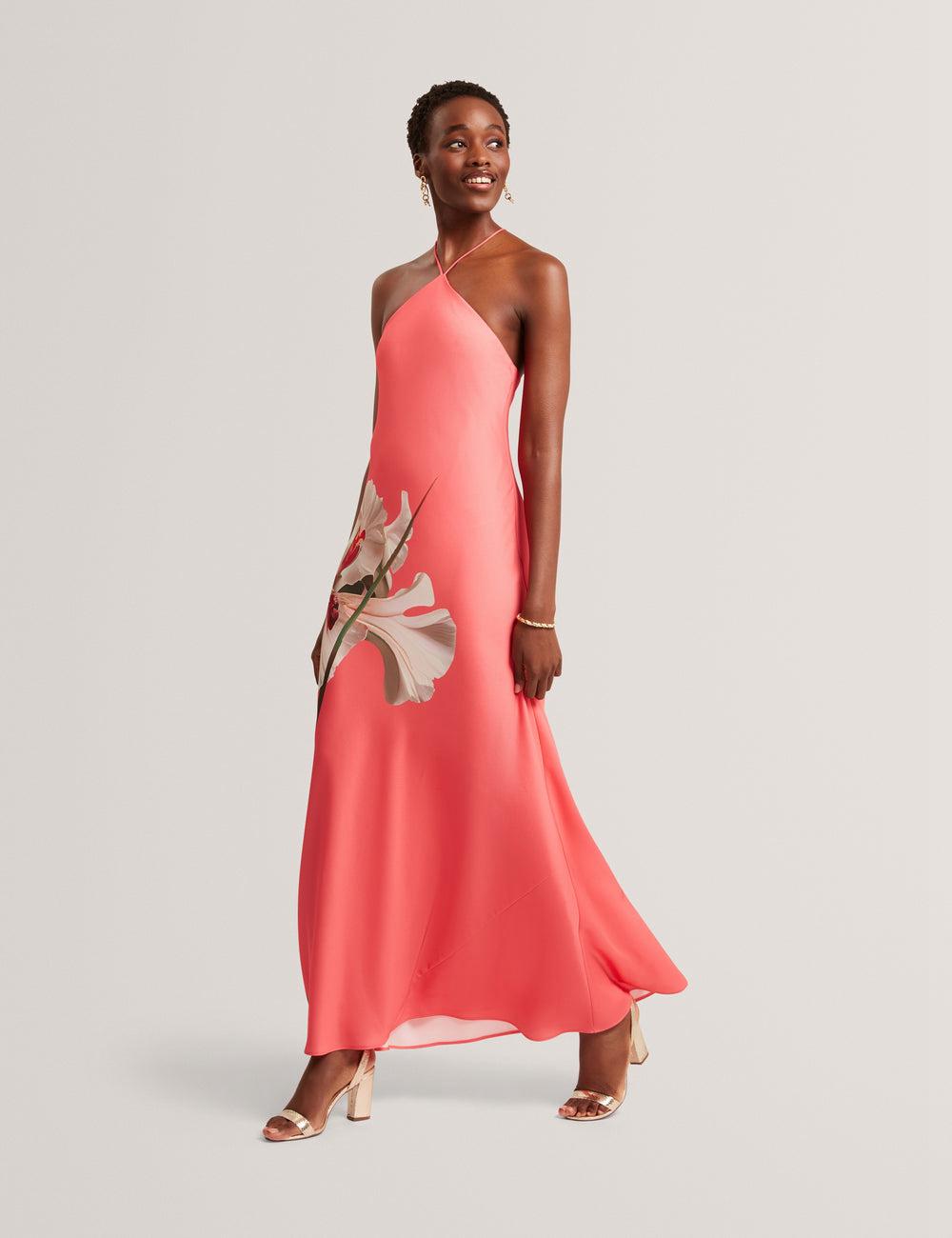 Women Ted Baker AJIMA - Floral Graphic Halter Neck Satin Maxi Dresses Coral | KSA  9027-CJHQK