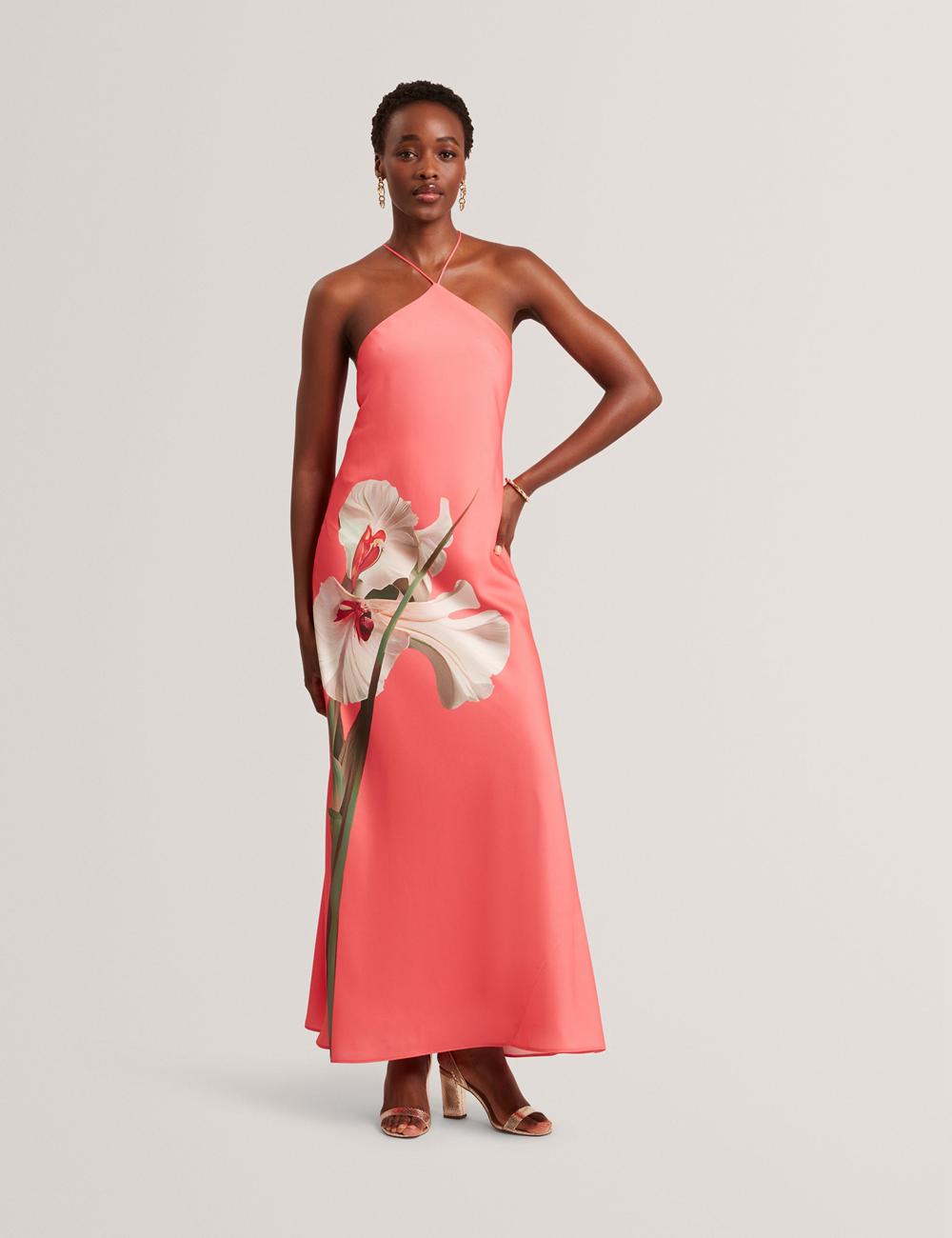 Women Ted Baker AJIMA - Floral Graphic Halter Neck Satin Maxi Dresses Coral | KSA  9027-CJHQK