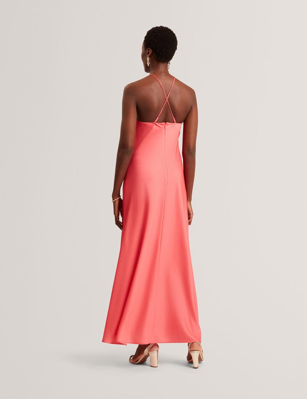 Women Ted Baker AJIMA - Floral Graphic Halter Neck Satin Maxi Dresses Coral | KSA  9027-CJHQK
