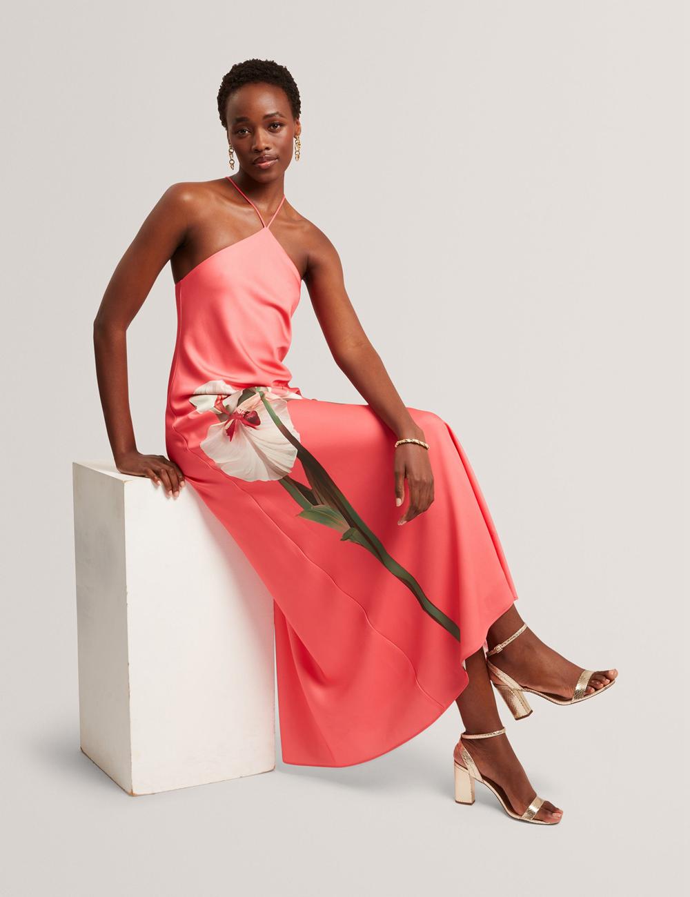 Women Ted Baker AJIMA - Floral Graphic Halter Neck Satin Maxi Dresses Coral | KSA  9027-CJHQK