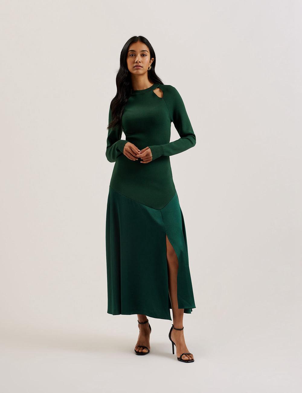 Women Ted Baker ALFEIOS - Long Sleeve Satin Skirt Midi Dresses Dk-Green | KSA  7431-SBYOW