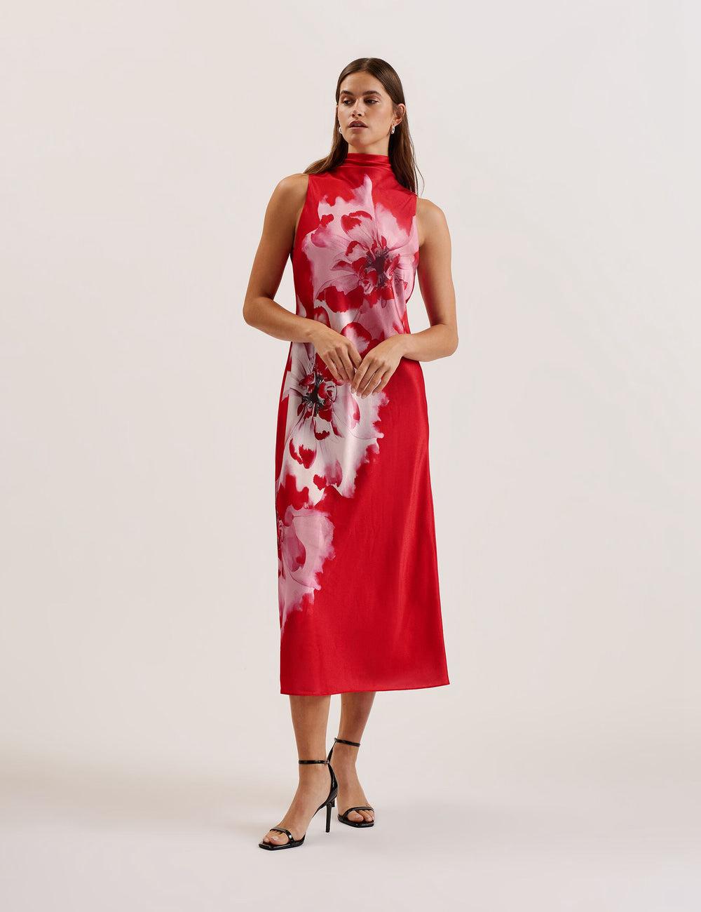 Women Ted Baker ALIARA - Floral Satin High Neck Sleeveless Midi Dresses Red | KSA  4153-GNEOI