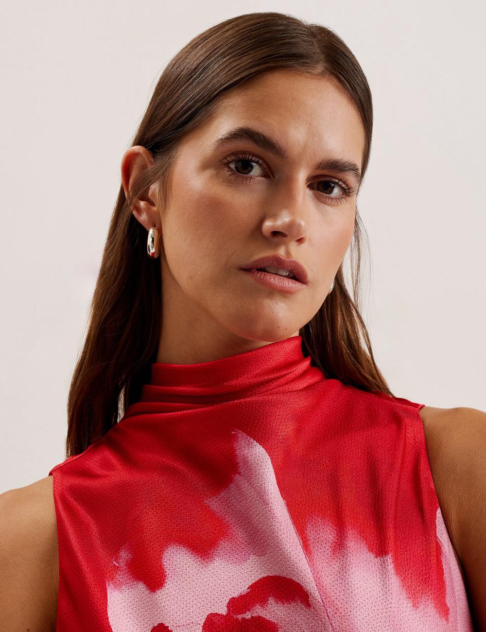 Women Ted Baker ALIARA - Floral Satin High Neck Sleeveless Midi Dresses Red | KSA  4153-GNEOI