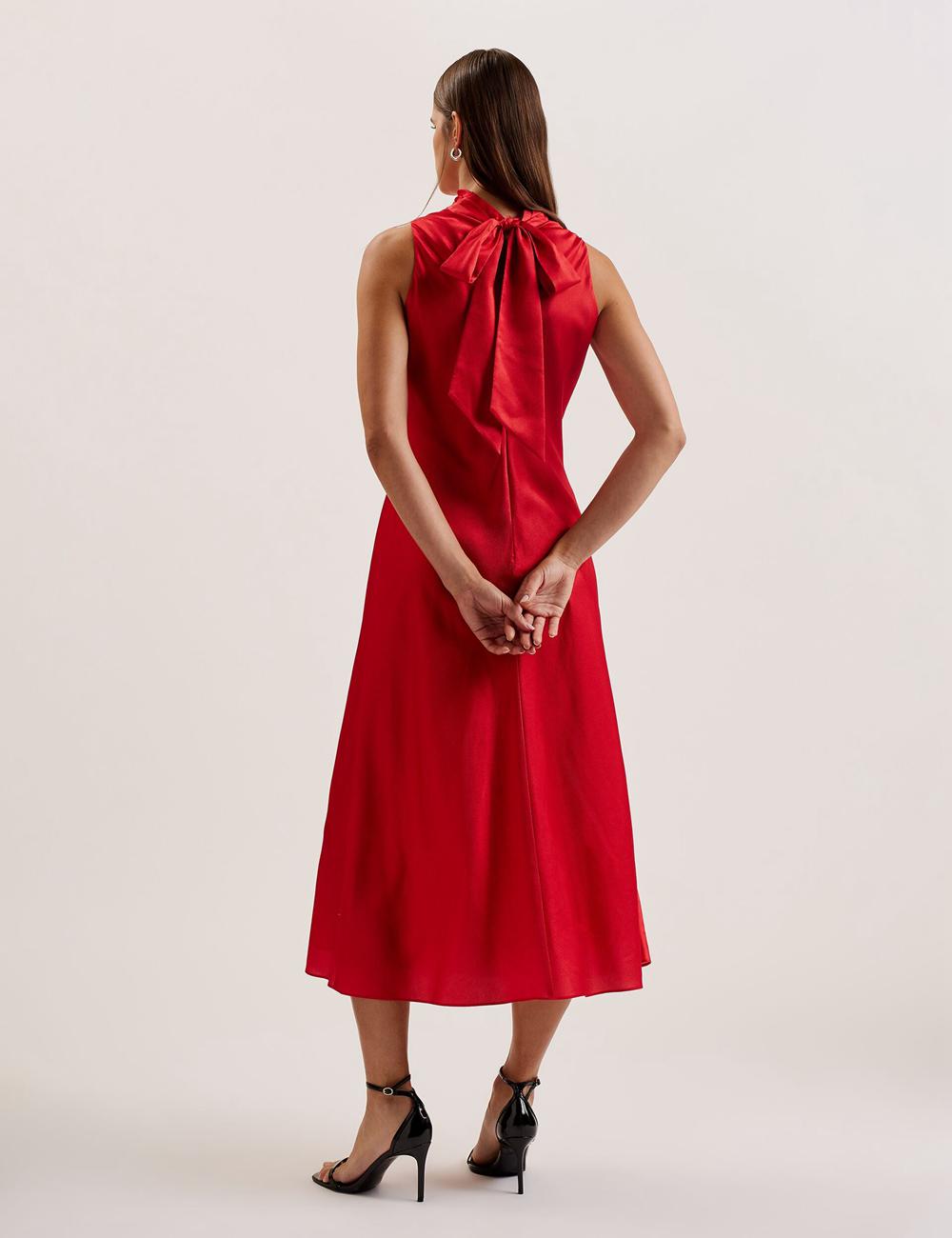 Women Ted Baker ALIARA - Floral Satin High Neck Sleeveless Midi Dresses Red | KSA  4153-GNEOI