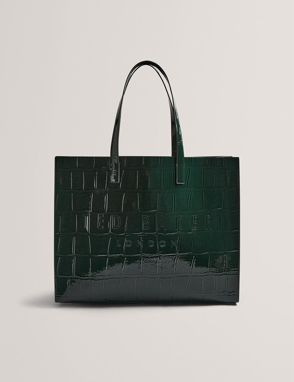 Women Ted Baker ALLICON - Patent Croc Effect Wide Tote Bags Mid-Green | KSA  0236-VCMXK