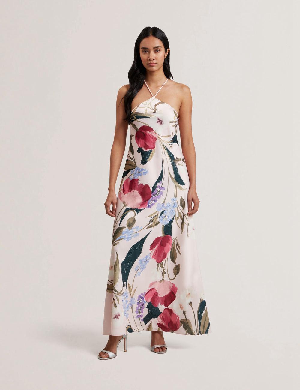 Women Ted Baker ALMARIA - Floral Halter Neck Woven Maxi Dresses Pink | KSA  3297-HORME