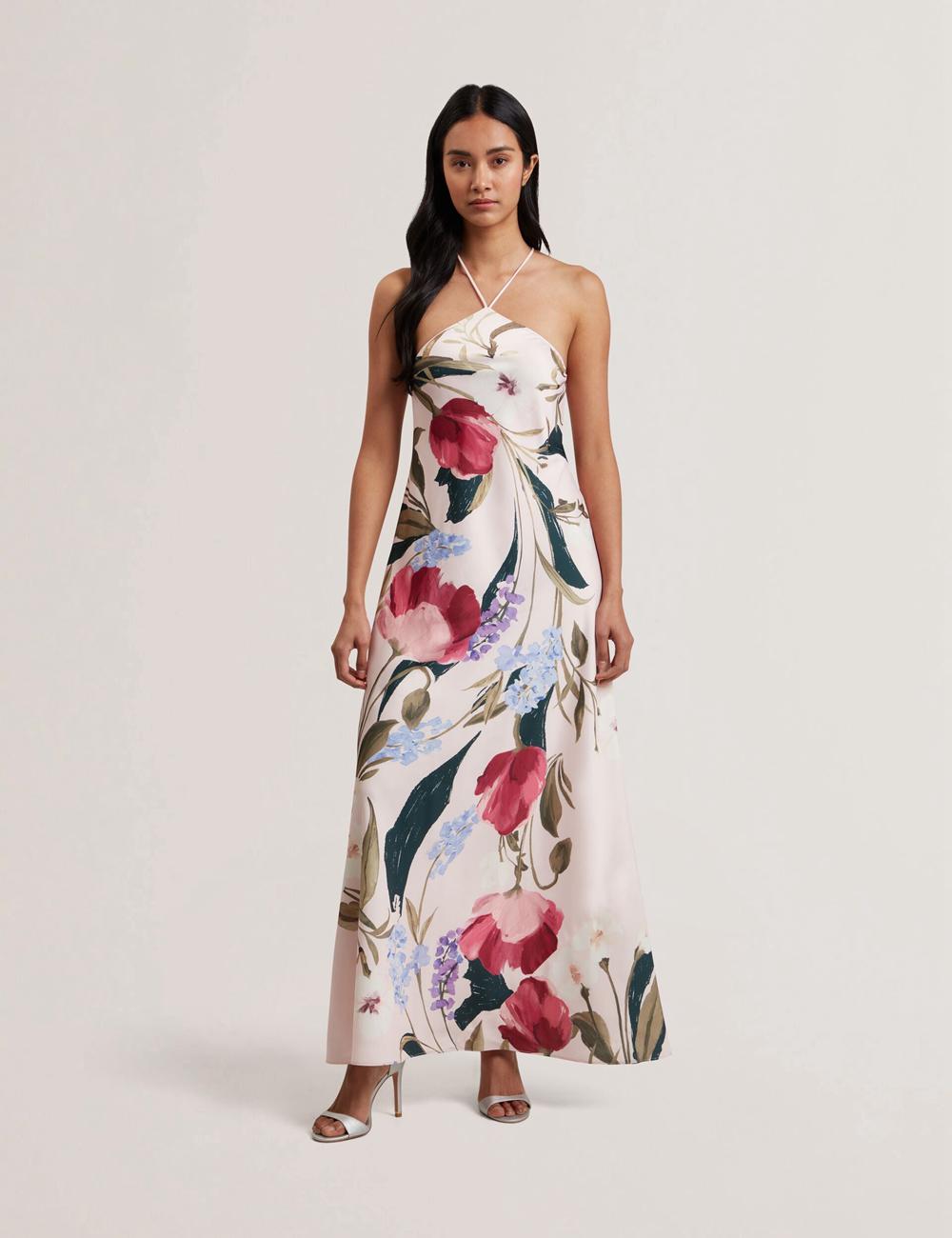 Women Ted Baker ALMARIA - Floral Halter Neck Woven Maxi Dresses Pink | KSA  3297-HORME