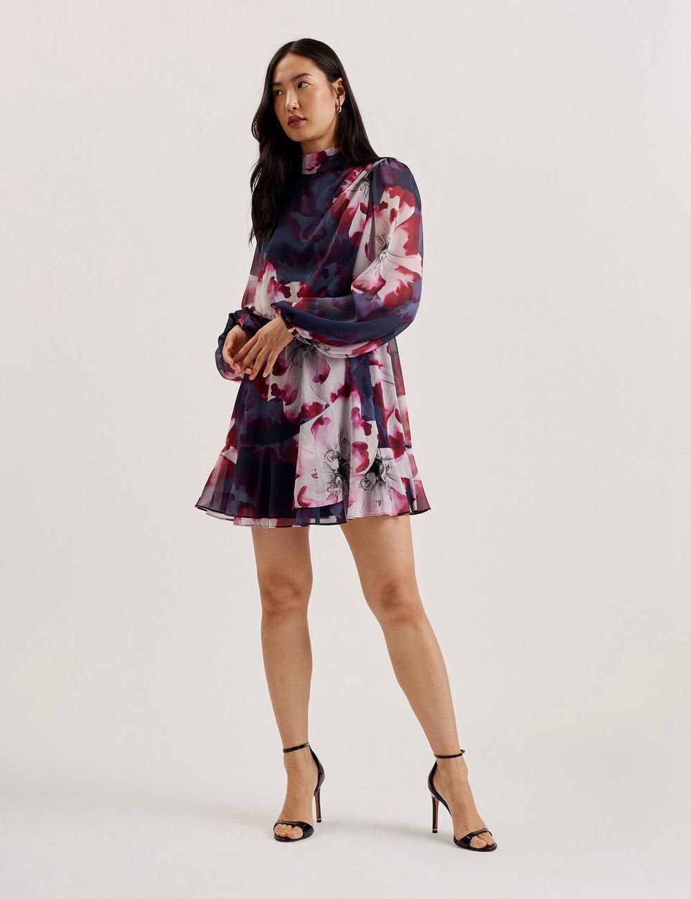 Women Ted Baker ARACELY - Floral High Neck Long Sleeve Mini Dresses Navy | KSA  7946-MDXNV