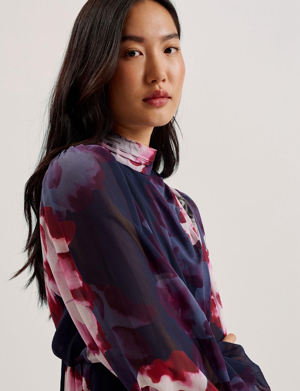 Women Ted Baker ARACELY - Floral High Neck Long Sleeve Mini Dresses Navy | KSA  7946-MDXNV
