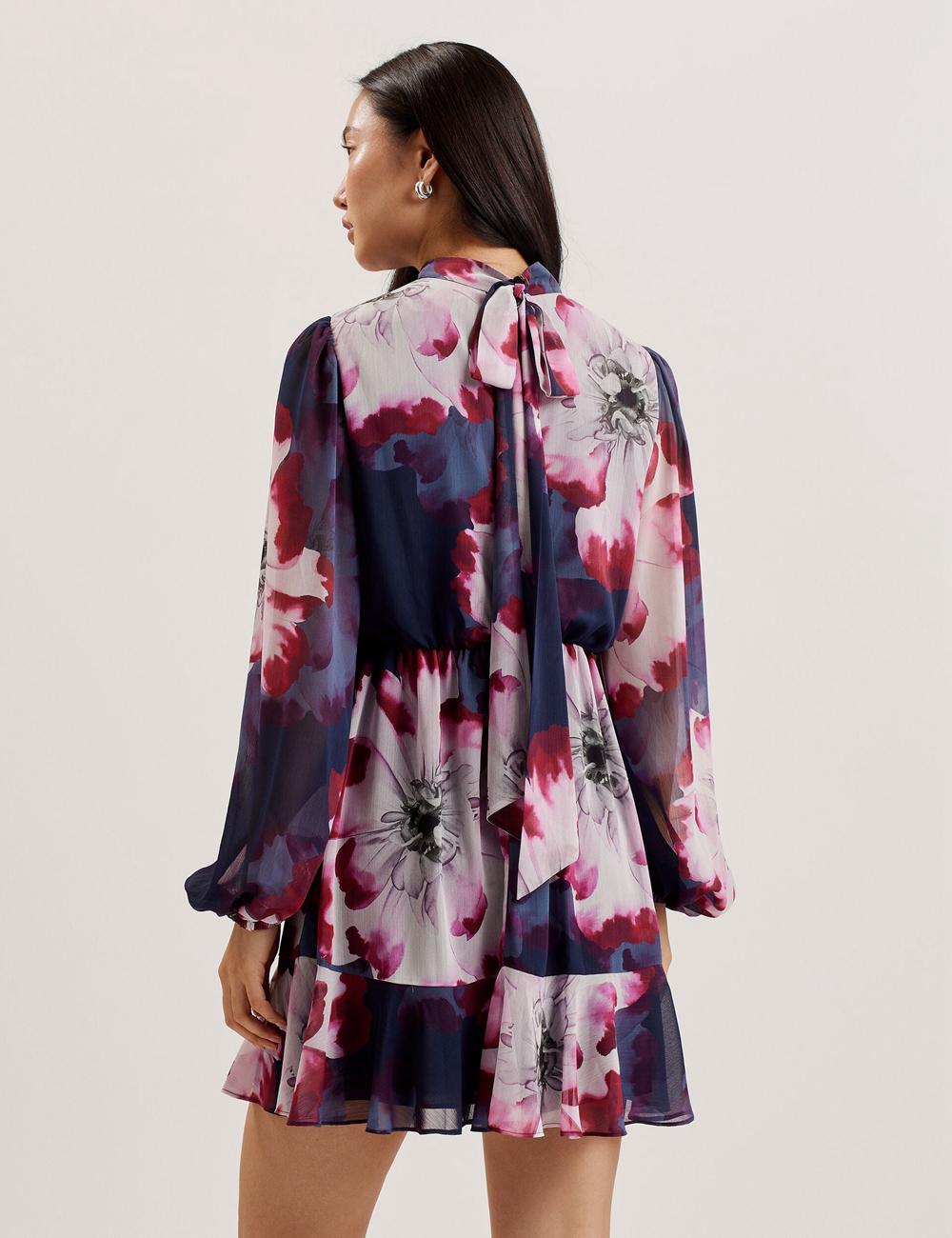 Women Ted Baker ARACELY - Floral High Neck Long Sleeve Mini Dresses Navy | KSA  7946-MDXNV