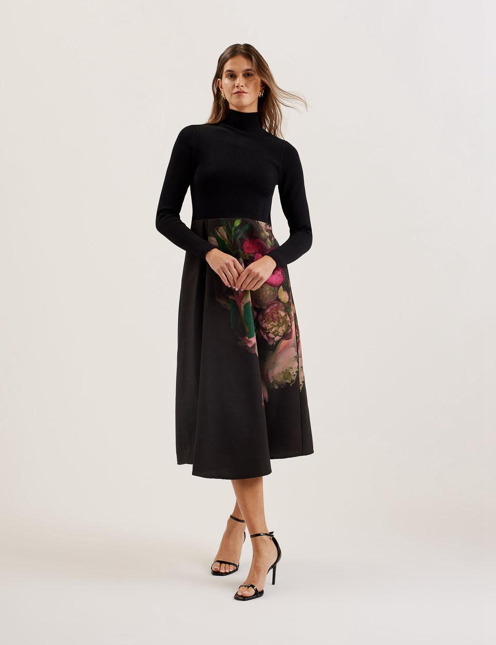 Women Ted Baker ASNES - Knit Bodice With Printed Skirt Midi Dresses Black | KSA  5108-TEPYF