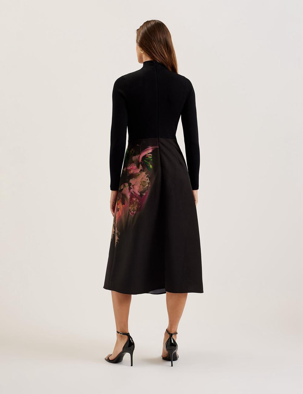 Women Ted Baker ASNES - Knit Bodice With Printed Skirt Midi Dresses Black | KSA  5108-TEPYF
