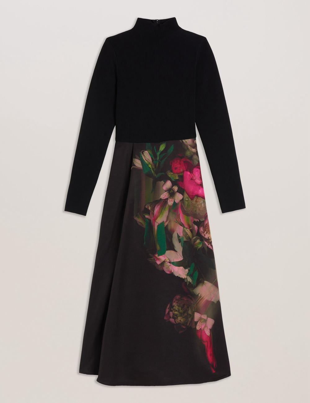 Women Ted Baker ASNES - Knit Bodice With Printed Skirt Midi Dresses Black | KSA  5108-TEPYF