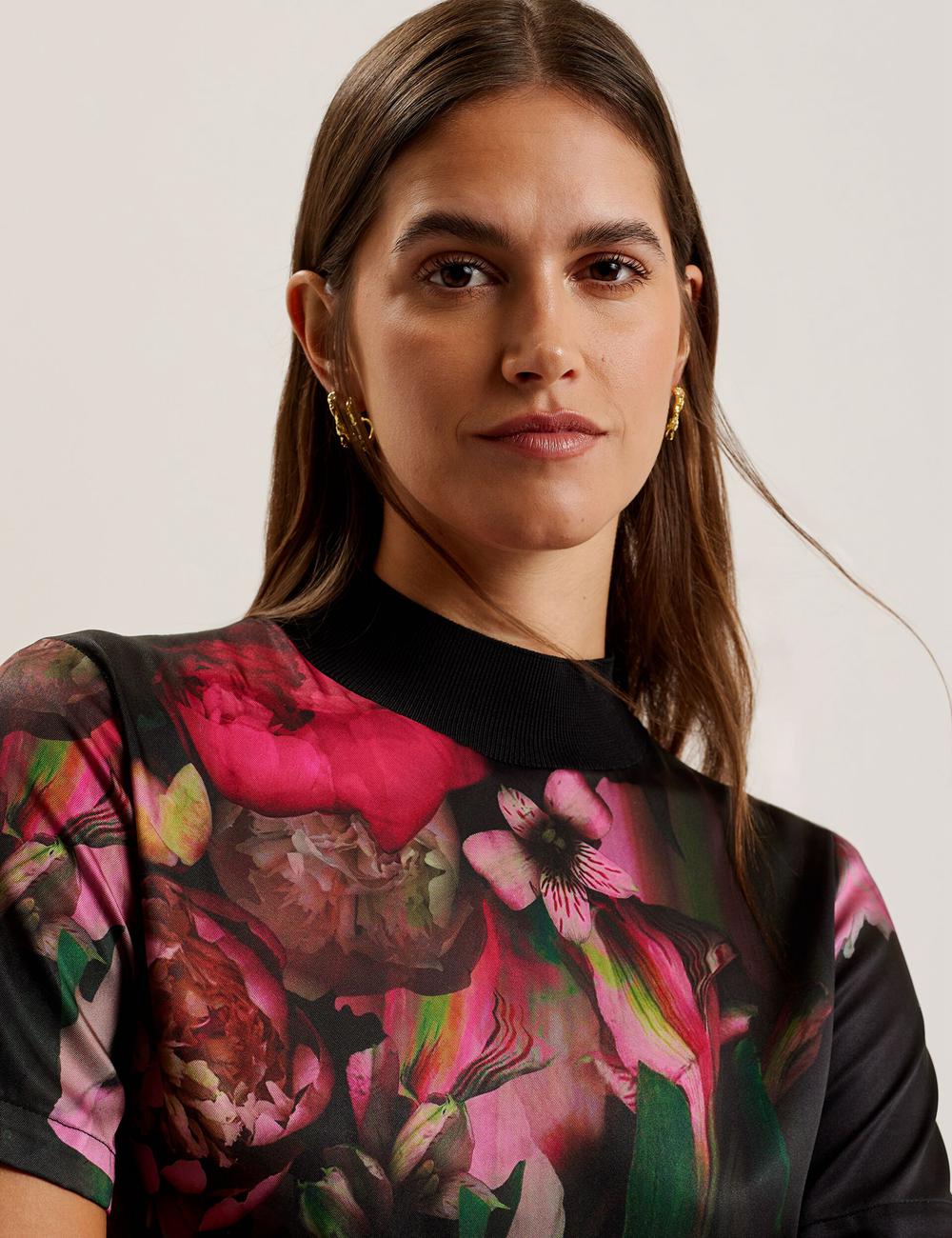 Women Ted Baker ASTHAA - Floral Woven Front Short Sleeve Top Blouses Black | KSA  2761-ORBXC
