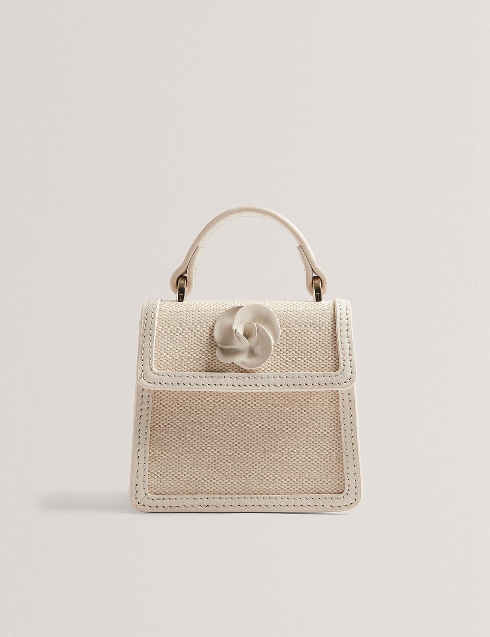 Women Ted Baker AUDOU - Rose Detail Canvas Mini Top Handle Crossbody Bags Ecru | KSA  6579-GOANI