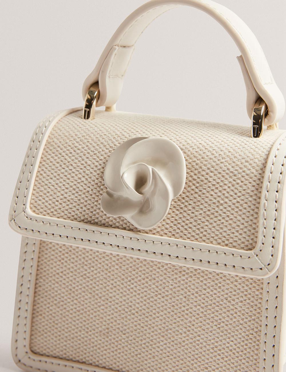 Women Ted Baker AUDOU - Rose Detail Canvas Mini Top Handle Crossbody Bags Ecru | KSA  6579-GOANI