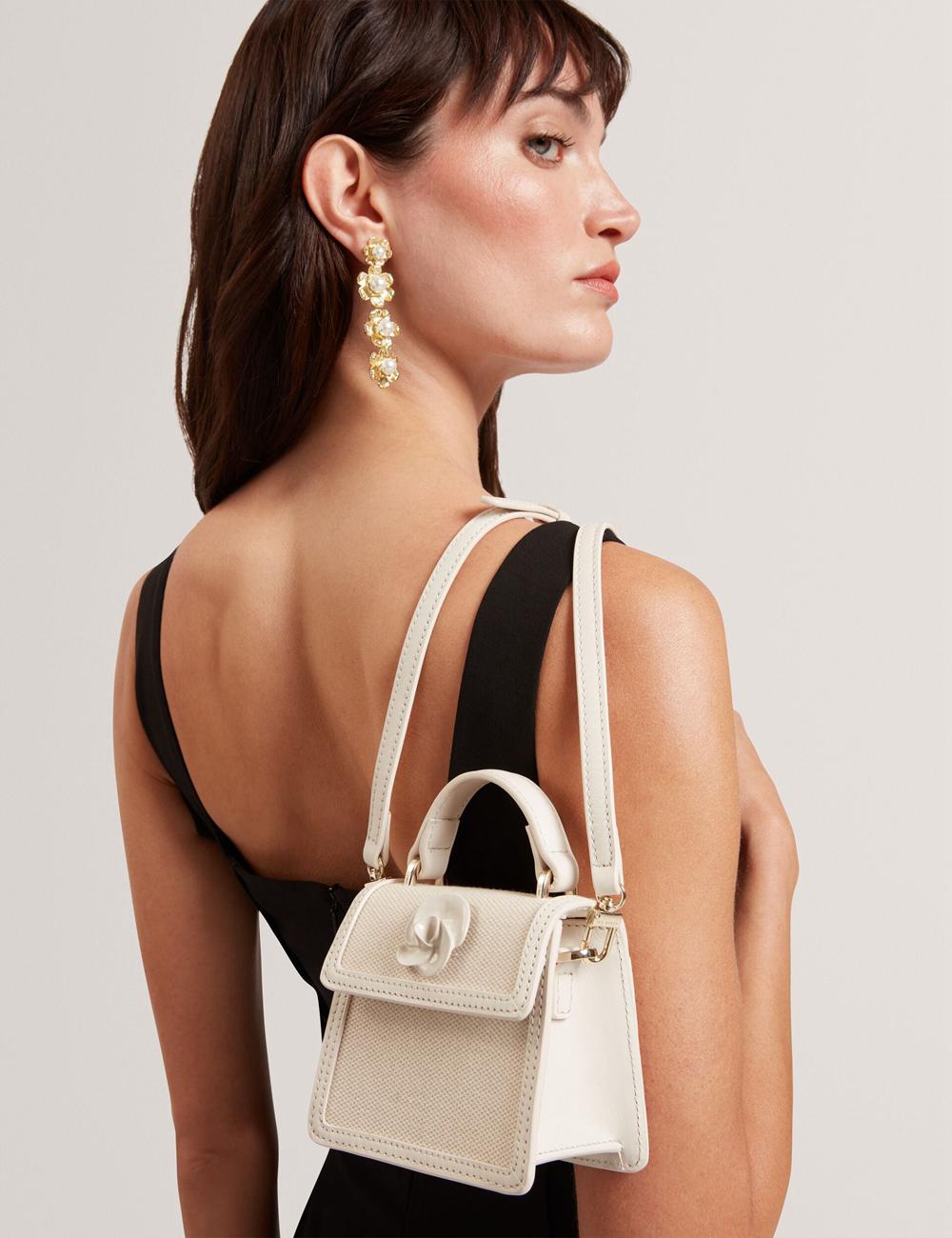 Women Ted Baker AUDOU - Rose Detail Canvas Mini Top Handle Crossbody Bags Ecru | KSA  6579-GOANI