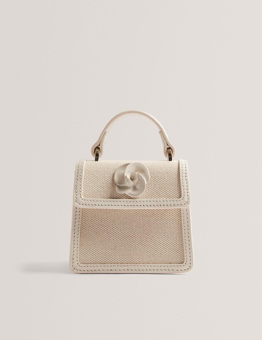 Women Ted Baker AUDOU - Rose Detail Canvas Mini Top Handle Crossbody Bags Ecru | KSA  6579-GOANI