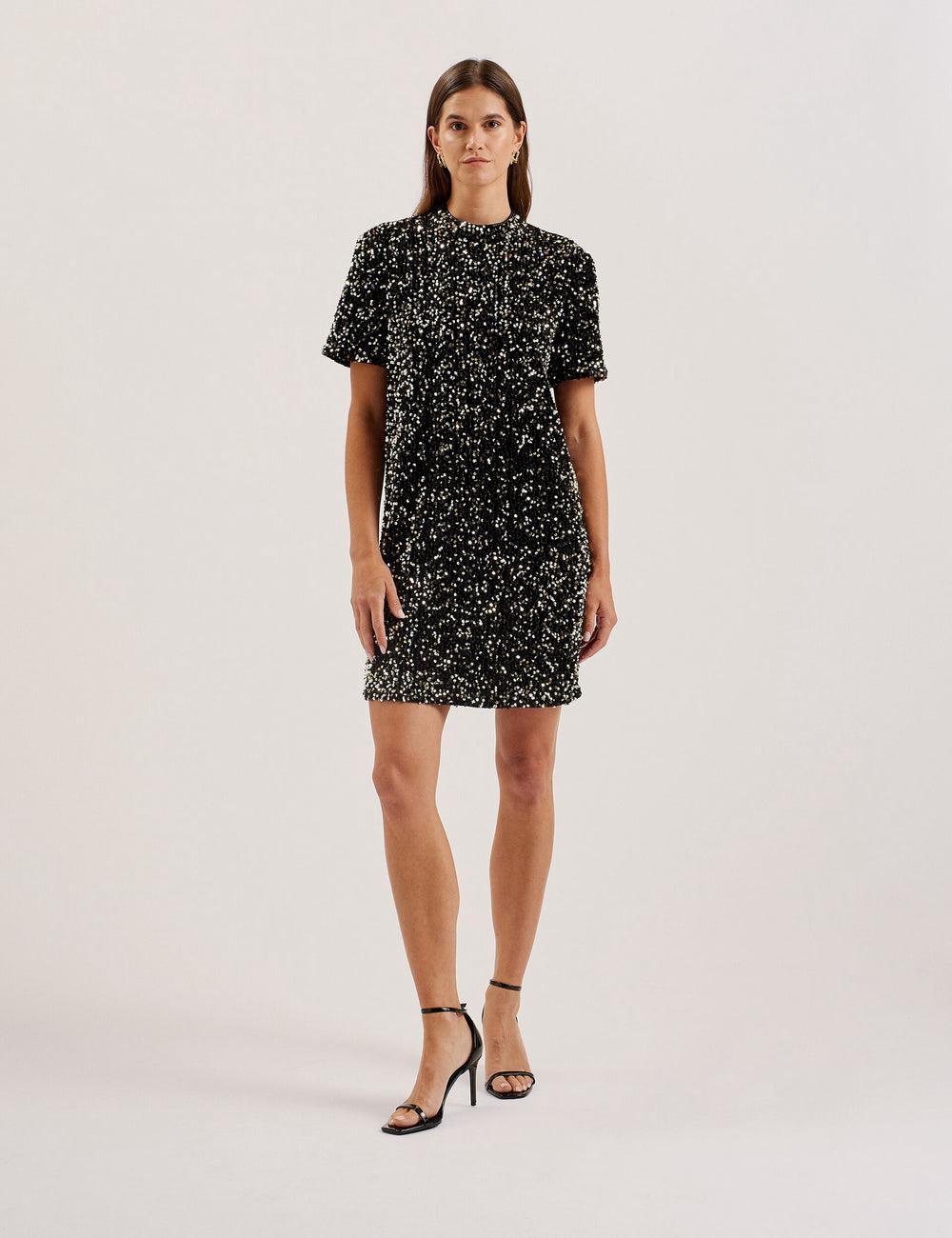 Women Ted Baker AUDRIYY - Sequin Embellished Velvet Shift Mini Dresses Black | KSA  2956-NHCQF