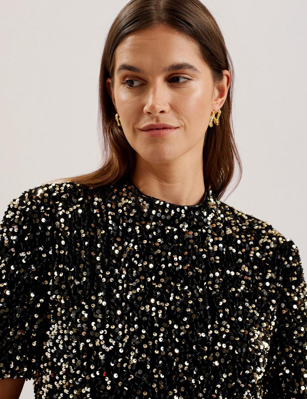 Women Ted Baker AUDRIYY - Sequin Embellished Velvet Shift Mini Dresses Black | KSA  2956-NHCQF