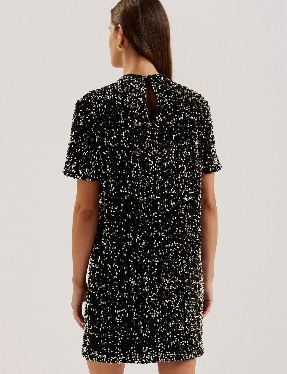 Women Ted Baker AUDRIYY - Sequin Embellished Velvet Shift Mini Dresses Black | KSA  2956-NHCQF