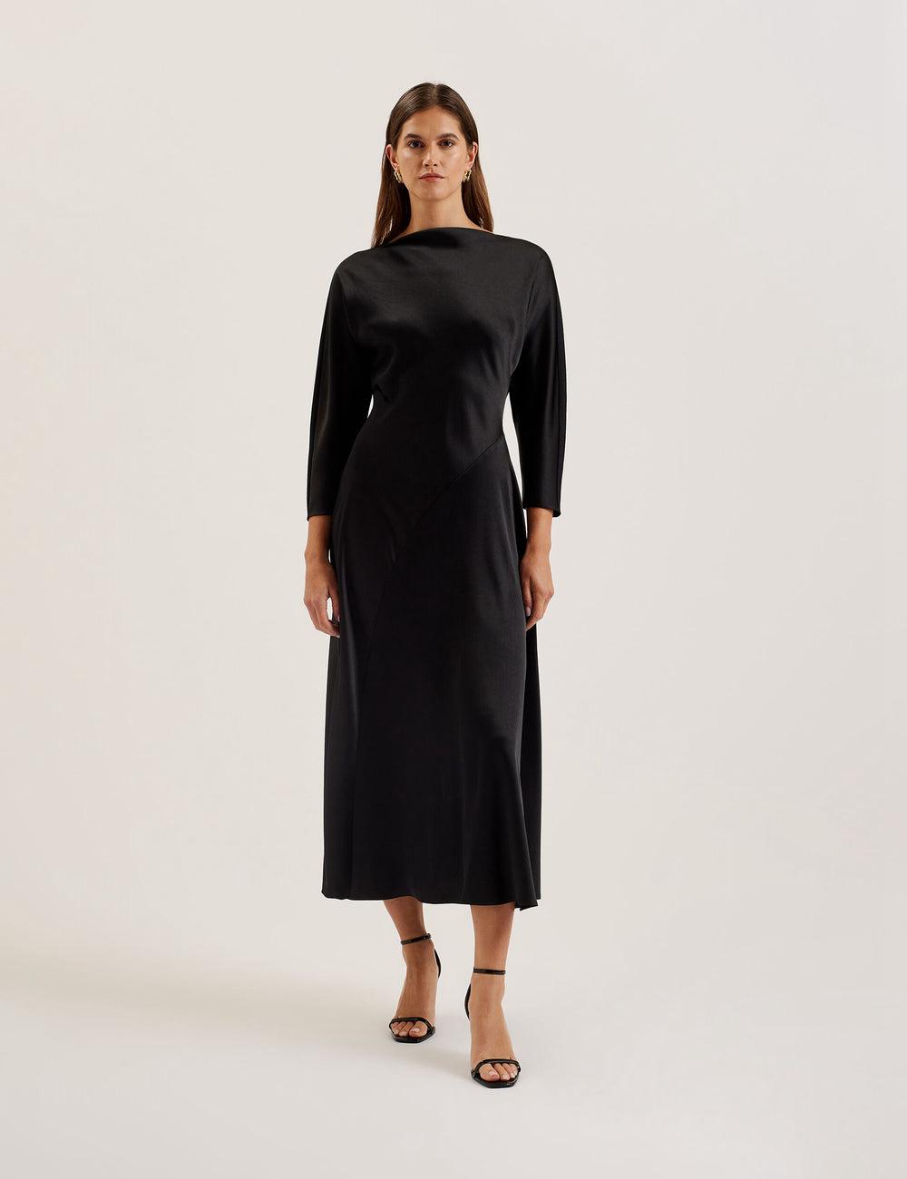 Women Ted Baker AVELLI - Satin Boat Neck A-Line Midi Dresses Black | KSA  4630-EMGKX