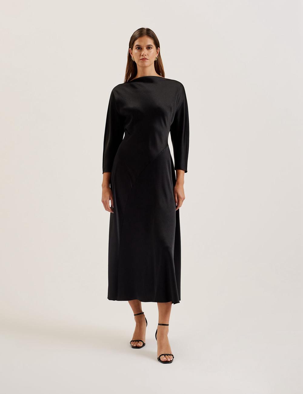 Women Ted Baker AVELLI - Satin Boat Neck A-Line Midi Dresses Black | KSA  4630-EMGKX