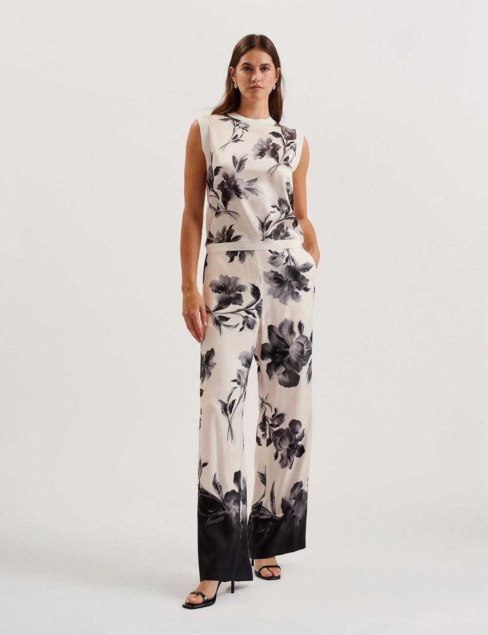 Women Ted Baker AWYNA - Floral Print Pull-On Wide Leg Trousers Black | KSA  0394-WTVFD