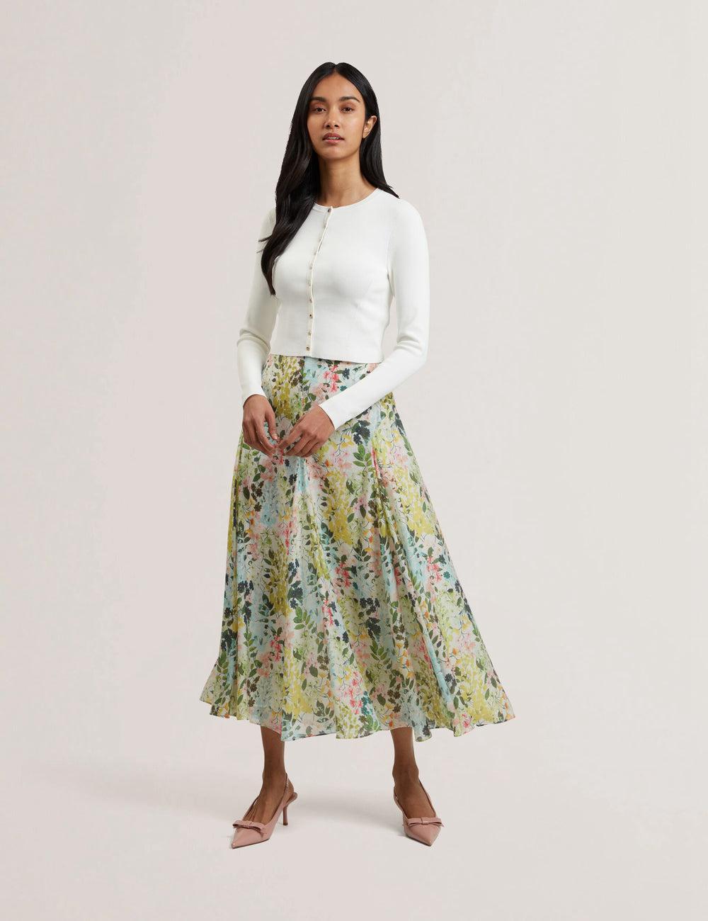 Women Ted Baker AZULLA - Floral A-Line Woven Midi Skirts Ivory | KSA  6798-HKNGD