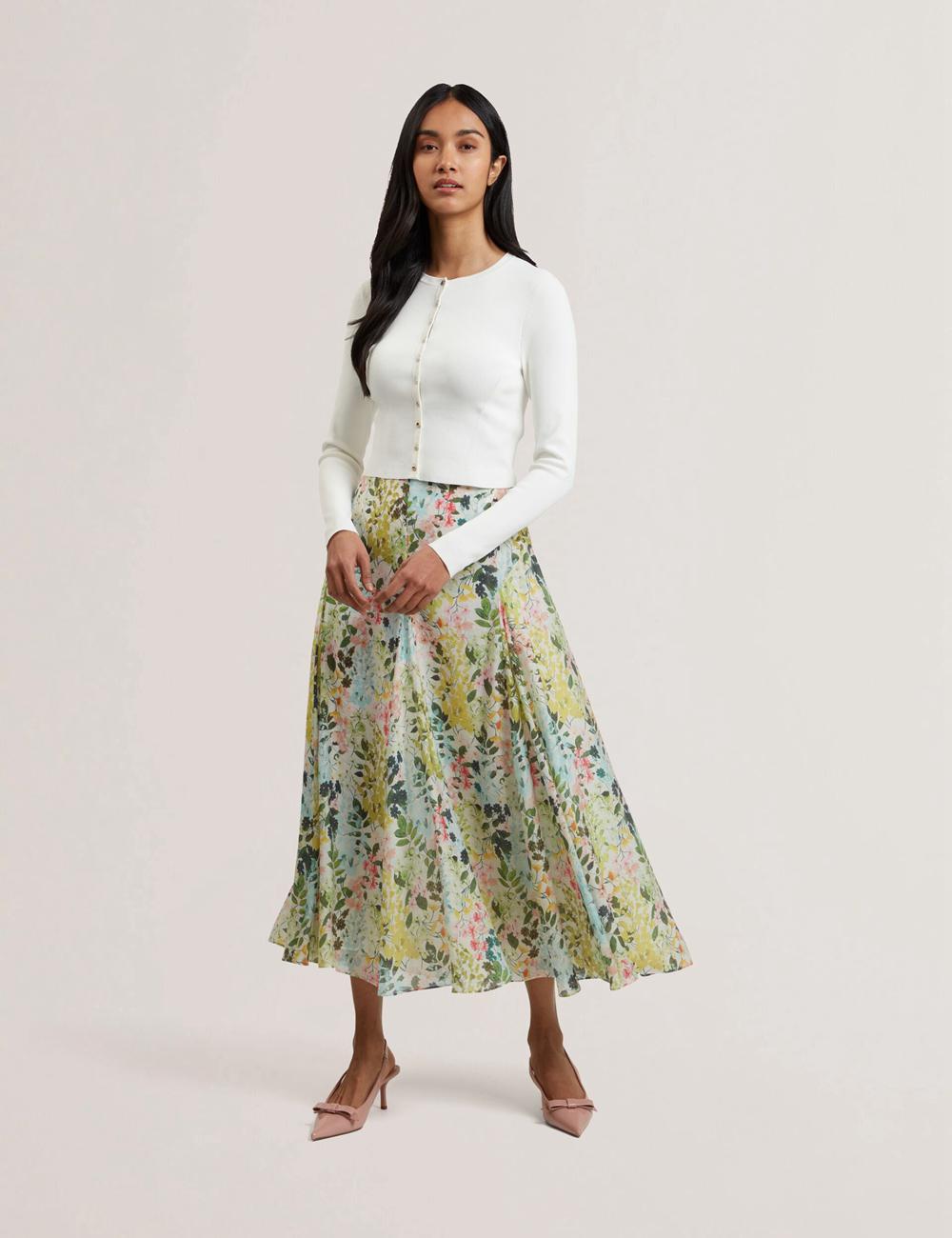 Women Ted Baker AZULLA - Floral A-Line Woven Midi Skirts Ivory | KSA  6798-HKNGD